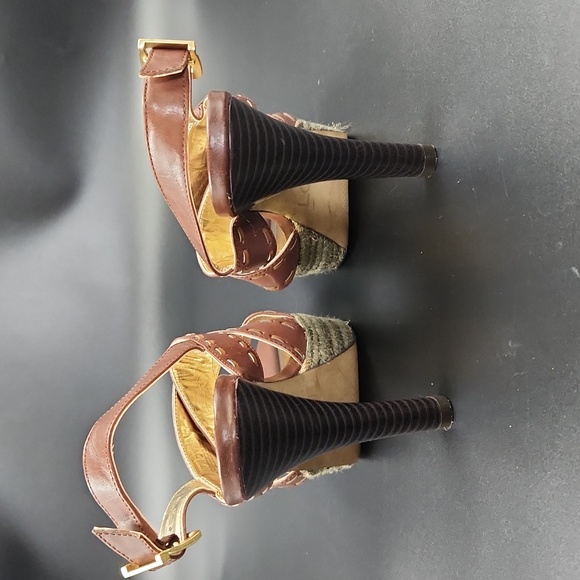 Loft Brown Leather Platform Heels Strappy Sandals Size 6 Espadrille Rope Detail - Picture 7 of 15